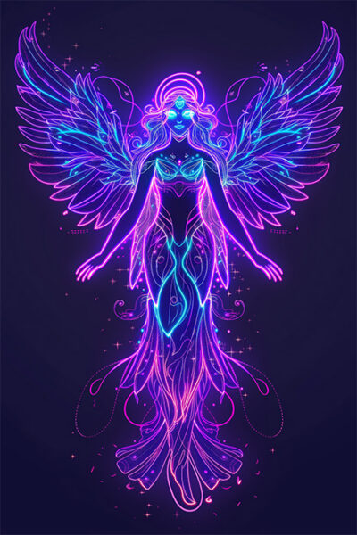 Neon-colored, glowing outline of a winged, angelic figure with flowing lines and intricate patterns against a dark background. Fantasy art poster available in A1 to A4 sizes.