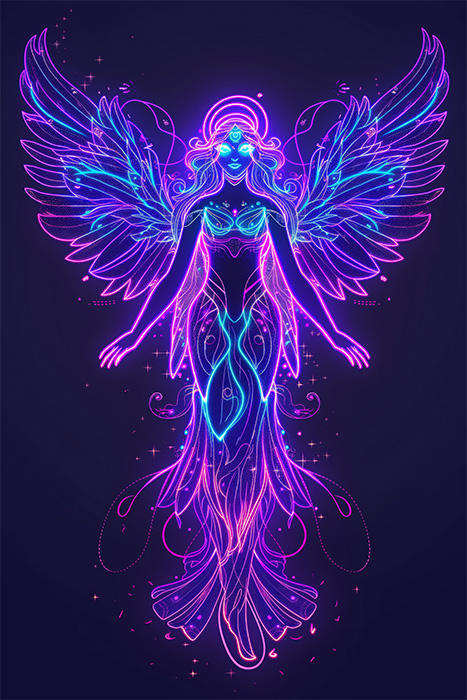 product-image-2-3 Neon-colored, glowing outline of a winged, angelic figure with flowing lines and intricate patterns against a dark background. Fantasy art poster available in A1 to A4 sizes.