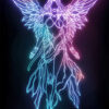 Neon outline illustration of a winged female angel with a halo, glowing in shades of pink, purple, and blue against a dark background. Fantasy art poster available in A1 to A4 sizes.