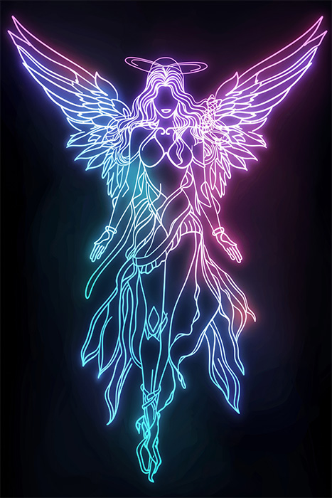 product-image-2-3 Neon outline illustration of a winged female angel with a halo, glowing in shades of pink, purple, and blue against a dark background. Fantasy art poster available in A1 to A4 sizes.