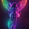 Neon outline of a winged humanoid figure with glowing, multicolored wings and long hair, floating against a dark background. Fantasy art poster available in A1 to A4 sizes.