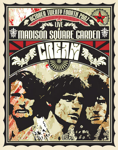 Illustrated concert poster for Cream’s live show at Madison Square Garden in 2007, featuring stylized portraits of the band members and decorative text. Music poster print available in A1 to A4 sizes.
