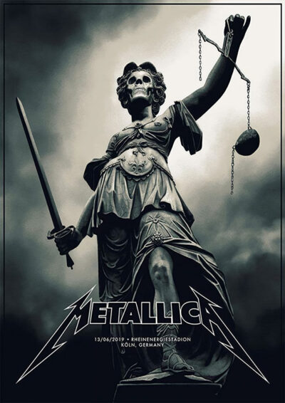 Statue of Lady Justice with a skull face, holding a sword and scales; Metallica logo and Germany 2019 concert details displayed at the bottom. Music poster print available in A1 to A4 sizes.