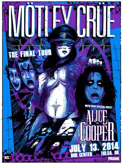 Illustrated concert poster for Mötley Crüe’s “The Final Tour” with Alice Cooper at the BOK Centre, Tulsa 2014. Music poster print available in A1 to A4 sizes.