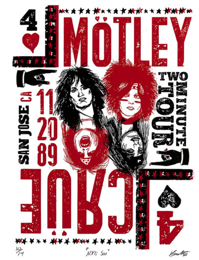 Poster for Mötley Crüe’s Two Minute Tour in San Jose 1989, featuring illustrated band members, playing card symbols, and bold red and black text. Music poster print available in A1 to A4 sizes.