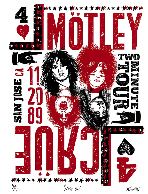 product-image Poster for Mötley Crüe’s Two Minute Tour in San Jose 1989, featuring illustrated band members, playing card symbols, and bold red and black text. Music poster print available in A1 to A4 sizes.