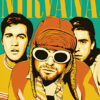 Illustration of three men, with the man in front wearing sunglasses and a fur hat, set against a teal background with NIRVANA in large yellow letters at the top. Music poster print available in A1 to A4 sizes.
