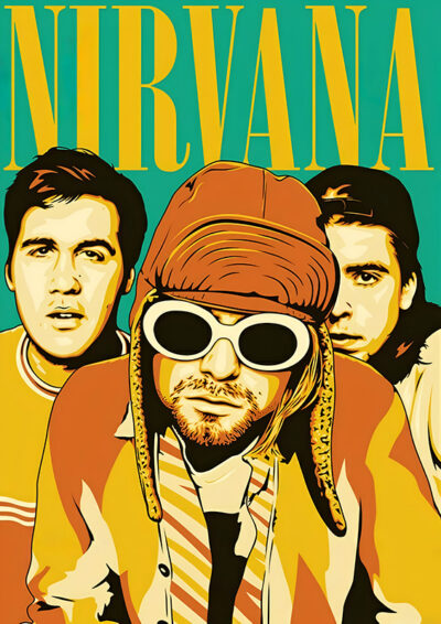 Illustration of three men, with the man in front wearing sunglasses and a fur hat, set against a teal background with NIRVANA in large yellow letters at the top. Music poster print available in A1 to A4 sizes.