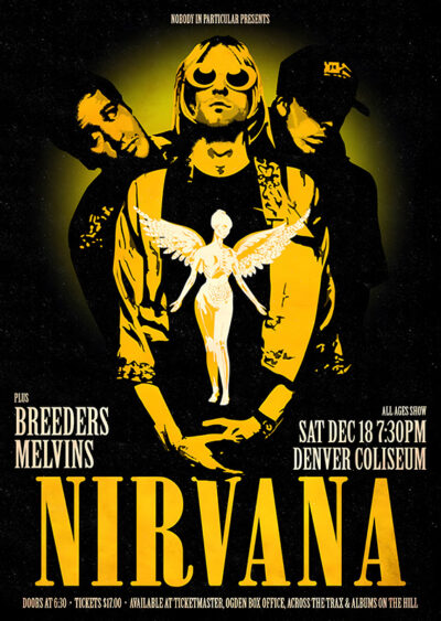 Concert poster featuring Nirvana with yellow and black colours, promoting their Dec 18 show at Denver Coliseum, with The Breeders and Melvins as supporting acts. Music poster print available in A1 to A4 sizes.