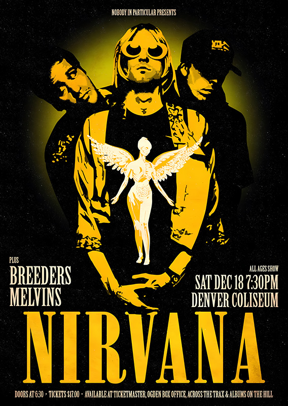 product-image Concert poster featuring Nirvana with yellow and black colours, promoting their Dec 18 show at Denver Coliseum, with The Breeders and Melvins as supporting acts. Music poster print available in A1 to A4 sizes.