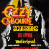 Concert poster for Monsters Of Rock 1986 featuring Ozzy Osbourne, Scorpions, Def Leppard, Motörhead, Bad News, and Warlock live at Donington Park on August 16. Music poster print available in A1 to A4 sizes.