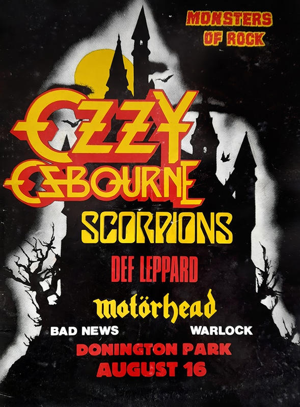product-image Concert poster for Monsters Of Rock 1986 featuring Ozzy Osbourne, Scorpions, Def Leppard, Motörhead, Bad News, and Warlock live at Donington Park on August 16. Music poster print available in A1 to A4 sizes.