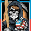 Illustration of a skeleton in a hood holding a baseball bat and a baseball with the US flag design. Text reads Pearl Jam Wrigley Field Chicago 2016. Music poster print available in A1 to A4 sizes.