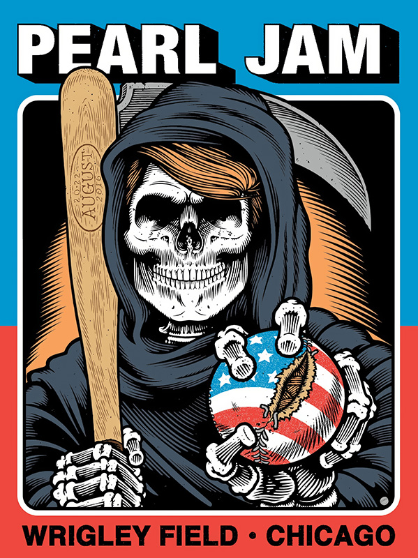 product-image Illustration of a skeleton in a hood holding a baseball bat and a baseball with the US flag design. Text reads Pearl Jam Wrigley Field Chicago 2016. Music poster print available in A1 to A4 sizes.