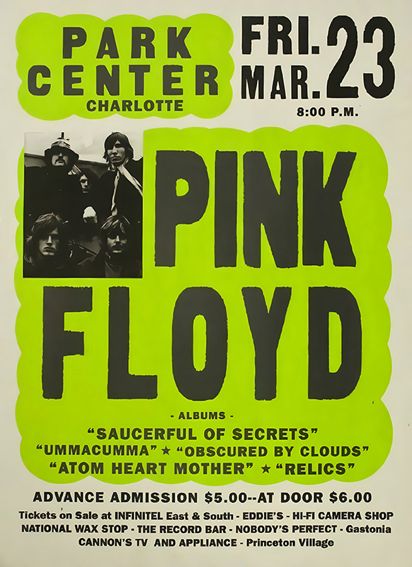 product-image Poster advertising a Pink Floyd concert at Park Centre in Charlotte on Friday, March 23 at 8:00 PM, featuring album details and ticket information on a striking green and black background. Music poster print available in A1 to A4 sizes.