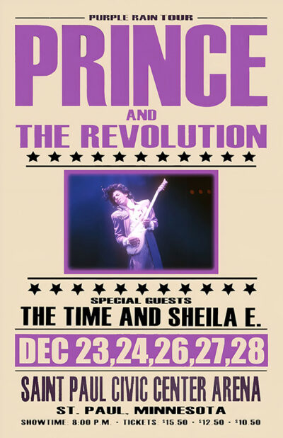 Concert poster for Prince And The Revolution’s Purple Rain Tour in Minnesota with special guests The Time and Sheila E., at Saint Paul Civic Centre Arena, December 23-28, 8 PM. Ticket prices listed. Music poster print available in A1 to A4 sizes.