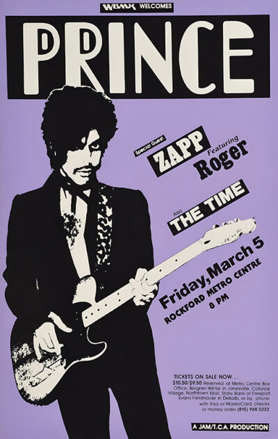 Poster featuring Prince playing guitar, advertising a concert with special guests Zapp featuring Roger and The Time on Friday, March 5 at Rockford Metro Centre, 8 PM. Music poster print available in A1 to A4 sizes.