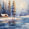 A log cabin with a snow-covered roof sits beside a partially frozen lake, surrounded by tall pine trees in a winter landscape. Wall art print available in A1 to A4 sizes.