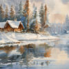 A log cabin sits by a snowy lake surrounded by evergreen trees, with snow falling and reflections visible in the still water. Wall art print available in A1 to A4 sizes.