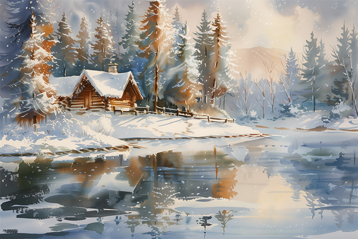 product-image-3-2 A log cabin sits by a snowy lake surrounded by evergreen trees, with snow falling and reflections visible in the still water. Wall art print available in A1 to A4 sizes.
