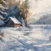 A log cabin with smoke rising from the chimney sits by a frozen lake surrounded by snow-covered trees in a winter landscape. Wall art print available in A1 to A4 sizes.