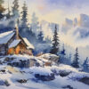 A cozy cabin with lit windows sits on a snowy hill surrounded by pine trees, with distant mountains visible under a cloudy sky. Wall art print available in A1 to A4 sizes.