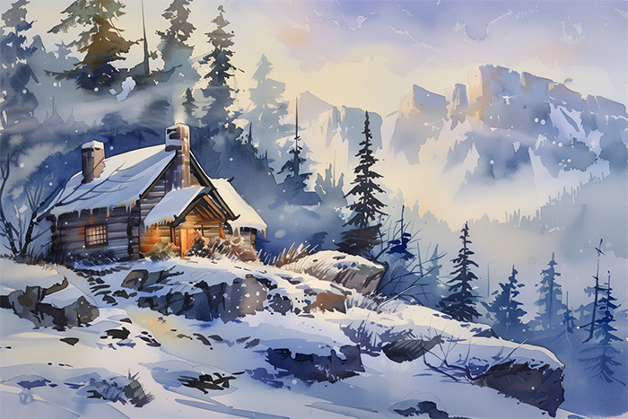 product-image-3-2 A cozy cabin with lit windows sits on a snowy hill surrounded by pine trees, with distant mountains visible under a cloudy sky. Wall art print available in A1 to A4 sizes.