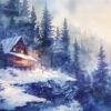 A cozy wooden cabin with glowing windows sits on a snowy hillside surrounded by pine trees, with gentle snowfall and mist in a wintry forest landscape. Wall art print available in A1 to A4 sizes.