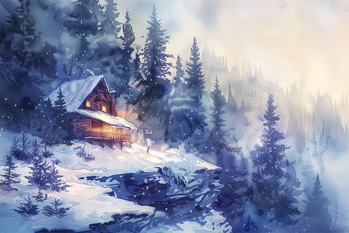 product-image-3-2 A cozy wooden cabin with glowing windows sits on a snowy hillside surrounded by pine trees, with gentle snowfall and mist in a wintry forest landscape. Wall art print available in A1 to A4 sizes.