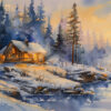 A small log cabin with lit windows sits on a snowy hill surrounded by pine trees, next to a partially frozen river at dusk. Wall art print available in A1 to A4 sizes.