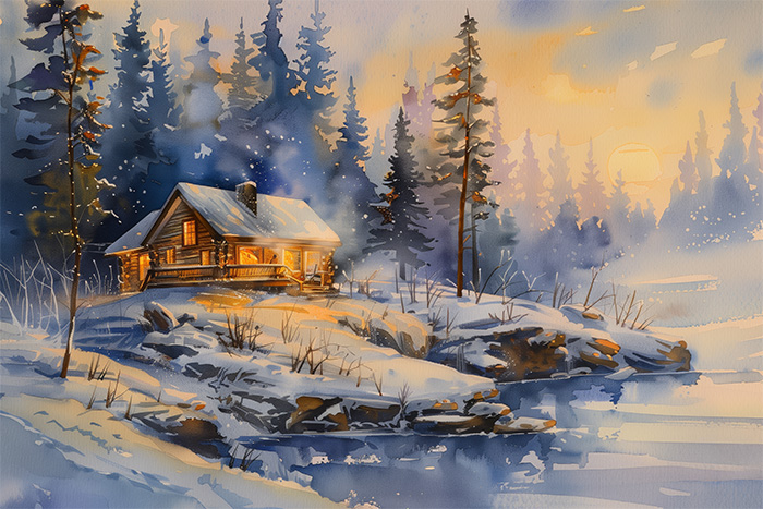 product-image-3-2 A small log cabin with lit windows sits on a snowy hill surrounded by pine trees, next to a partially frozen river at dusk. Wall art print available in A1 to A4 sizes.