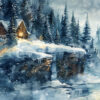 A snowy landscape with a wooden cabin on a hill, surrounded by pine trees, with falling snow and a frozen waterfall in the foreground. Wall art print available in A1 to A4 sizes.