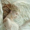 A woman with long, wavy blonde hair and large white wings lies peacefully with her eyes closed, wearing a white dress. Fantasy art poster available in A1 to A4 sizes.