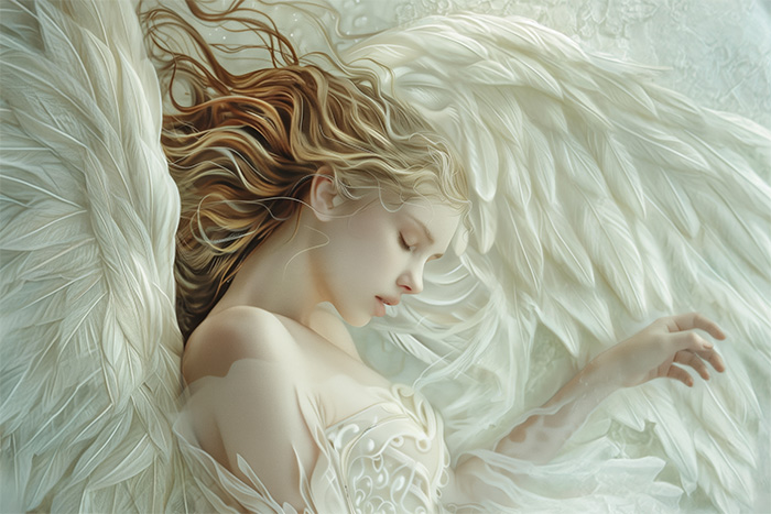 product-image-3-2 A woman with long, wavy blonde hair and large white wings lies peacefully with her eyes closed, wearing a white dress. Fantasy art poster available in A1 to A4 sizes.