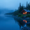 A small wooden cabin with lit windows stands by a calm lake surrounded by trees and mountains, under a misty blue evening sky. Wall art print available in A1 to A4 sizes.
