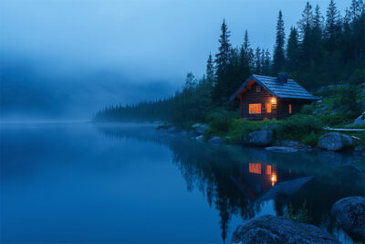 A small wooden cabin with lit windows stands by a calm lake surrounded by trees and mountains, under a misty blue evening sky. Wall art print available in A1 to A4 sizes.