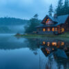 A log cabin with lit windows sits beside a calm lake, surrounded by forest and mist, with its reflection visible in the water at dusk. Wall art print available in A1 to A4 sizes.