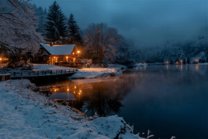 Winter Cabin On The Lake