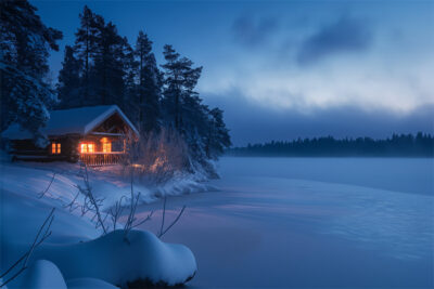 A snow-covered cabin with warmly lit windows sits beside a frozen lake and pine trees at dusk under a cloudy sky. Wall art print available in A1 to A4 sizes.