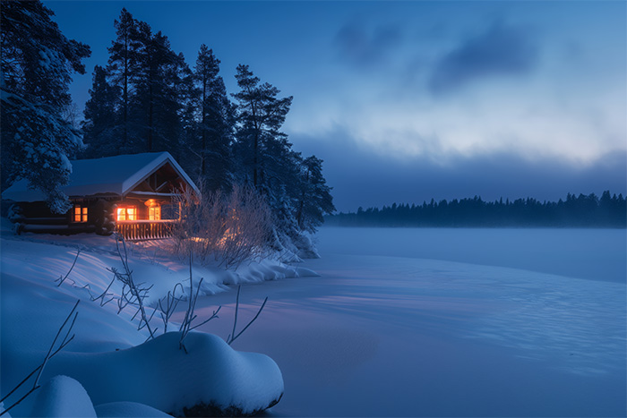 product-image-3-2 A snow-covered cabin with warmly lit windows sits beside a frozen lake and pine trees at dusk under a cloudy sky. Wall art print available in A1 to A4 sizes.