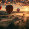 Hot air balloons float above a foggy, tree-filled landscape at sunrise with a dramatic sky and sun low on the horizon. Wall art print available in A1 to A4 sizes.