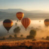Four hot air balloons float above a misty, sunlit landscape with scattered trees and distant hills in the background. Wall art print available in A1 to A4 sizes.