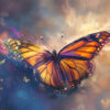 A vibrant orange and black butterfly with outstretched wings appears to fly through a colourful, abstract, cloudy background with two smaller butterflies nearby. Fantasy art poster available in A1 to A4 sizes.