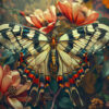 A large, colourful butterfly with black, white, yellow, and orange markings rests on vibrant flowers with green foliage in the background. Wall art print available in A1 to A4 sizes.