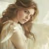 A woman with long wavy hair is dressed in white with large feathered wings, resembling an angel, against a soft, light background. Fantasy art poster available in A1 to A4 sizes.