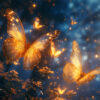 Two glowing orange butterflies fly among plants in a forest at dusk, surrounded by soft blue and golden light with more butterflies in the background. Fantasy art poster available in A1 to A4 sizes.
