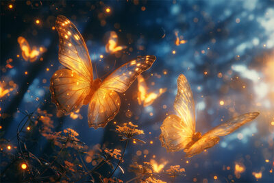 Two glowing orange butterflies fly among plants in a forest at dusk, surrounded by soft blue and golden light with more butterflies in the background. Fantasy art poster available in A1 to A4 sizes.