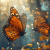 Two orange and black monarch butterflies with wings open are surrounded by soft golden light and bokeh, perched on or near small yellow leaves. Fantasy art poster available in A1 to A4 sizes.