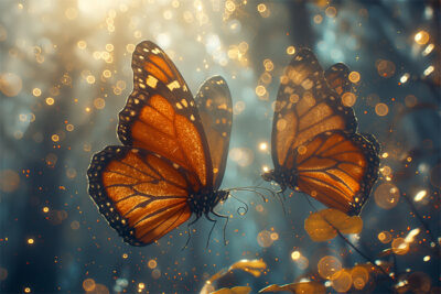 Two orange and black monarch butterflies with wings open are surrounded by soft golden light and bokeh, perched on or near small yellow leaves. Fantasy art poster available in A1 to A4 sizes.