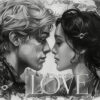 Black and white illustration of a man and woman facing each other closely, surrounded by floral designs, with the word LOVE written below them. Wall art print available in A1 to A4 sizes.